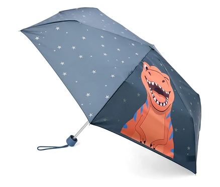 Otvorený, tmavomodrý dáždnik s bielymi hviezdami a oranžovým dinosaurom.