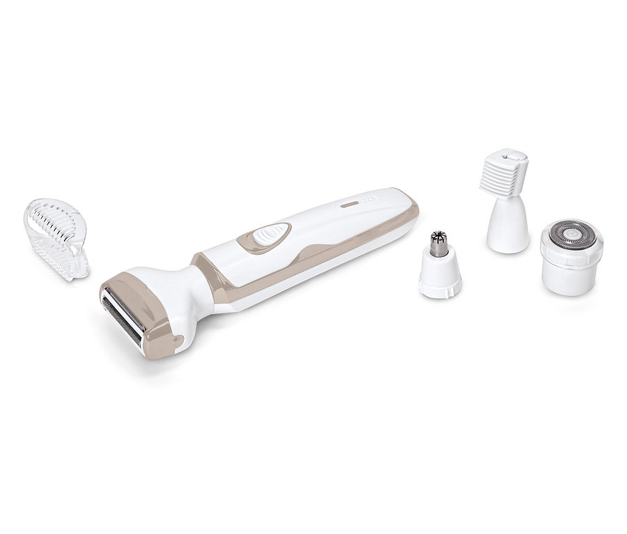 Biely a béžový zastrihávač chĺpkov leží s rôznymi nástavcami na bielom pozadí.