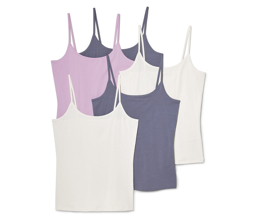 Päť tielok na špagátové ramienka v bielej, fialovej a sivo-modrej farbe leží na sebe.