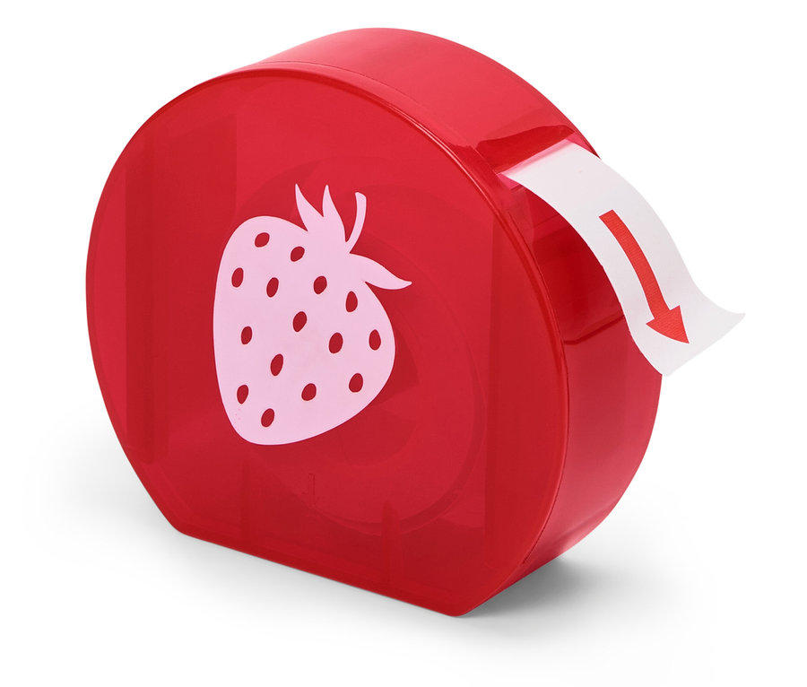 Červený dávkovač s jahodovým dizajnom a vytiahnutým štítkom.