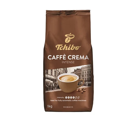 Hnedé balenie zrnkovej kávy Caffè Crema Intense od Tchibo s ilustráciou šálky kávy.
