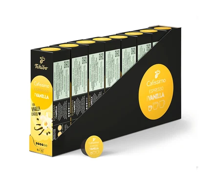 Niekoľko balení Cafissimo Flavoured Espresso - Vanilla - 80 kapsúl v čiernom držiaku.