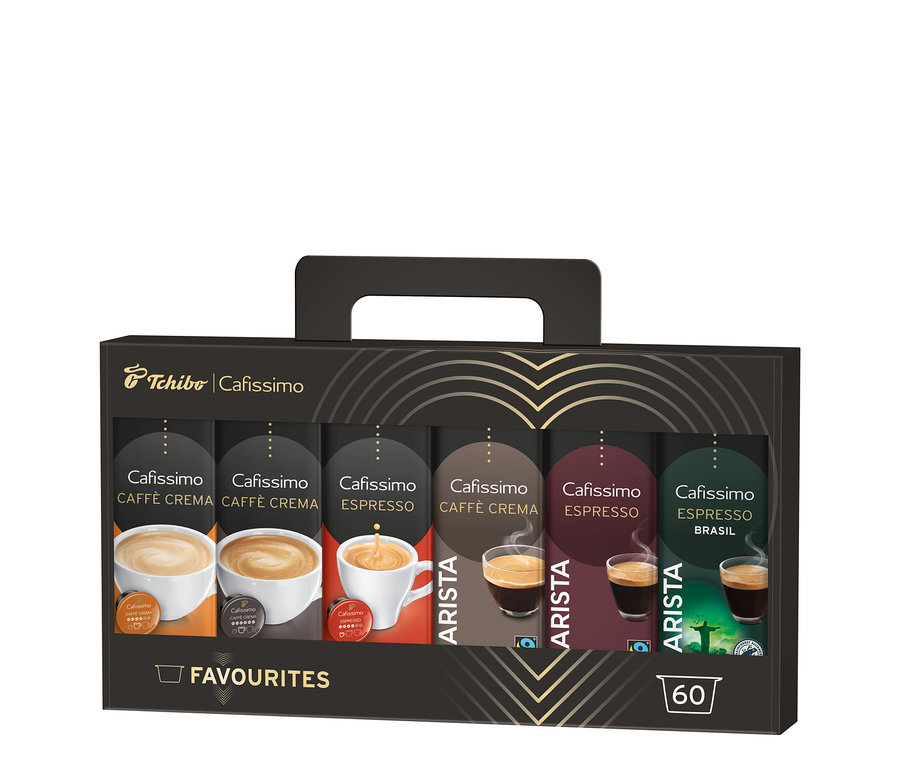 Balenie Cafissimo Favourites Collection s rôznymi druhmi kávových kapsúl.