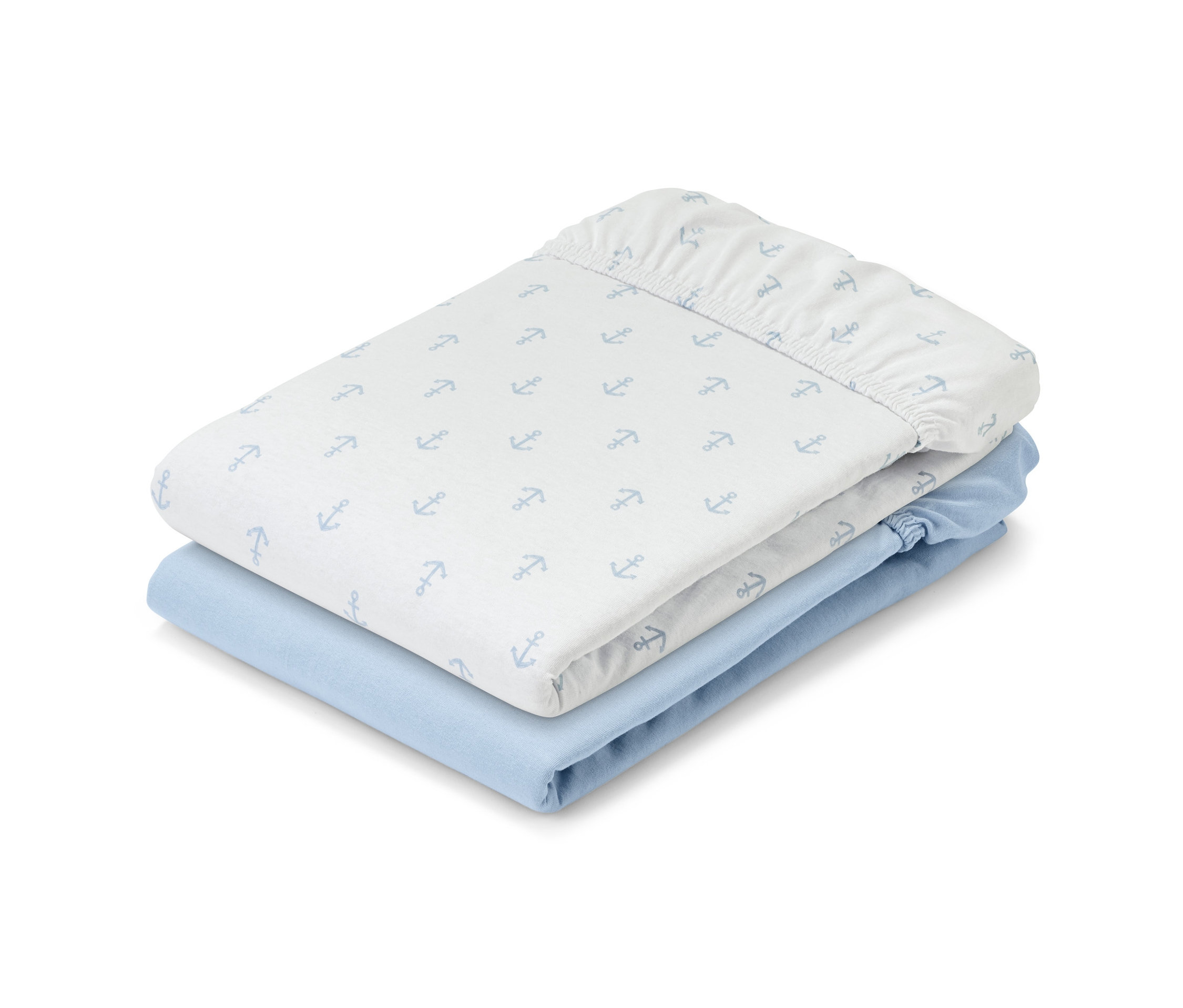 Poukladané detské napínacie prestieradlá, 2 ks, jedno biele s potlačou kotvy a jedno svetlomodré.