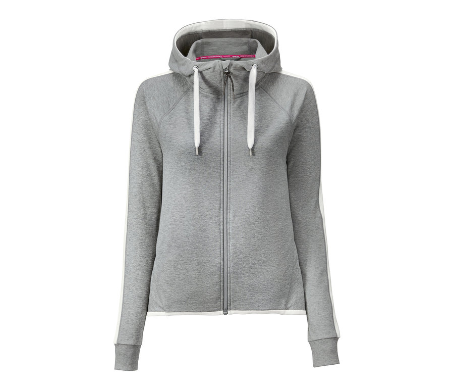 Sivá mikina so zipsom a kapucňou.