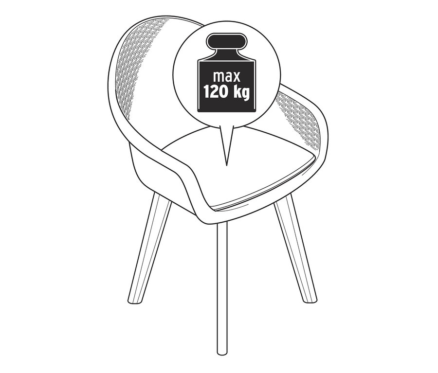 Ilustrácia škrupinovej stoličky s polyratanovým pletivom a maximálnou nosnosťou 120 kg.