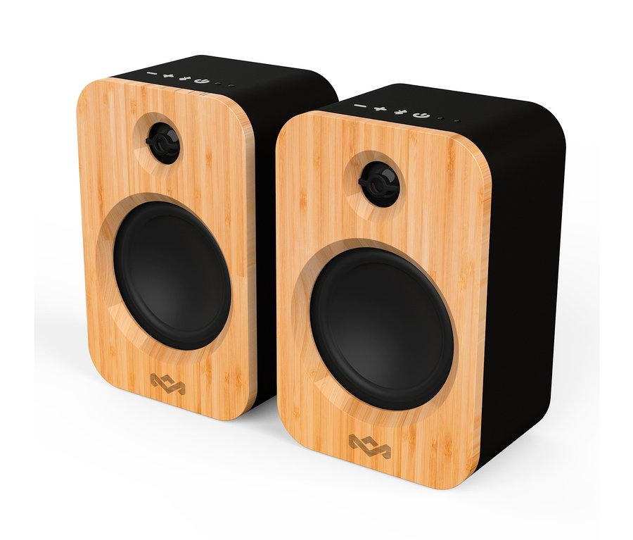 Dva reproduktory s Bluetooth® House of Marley »Get Together Duo« na bielom pozadí.
