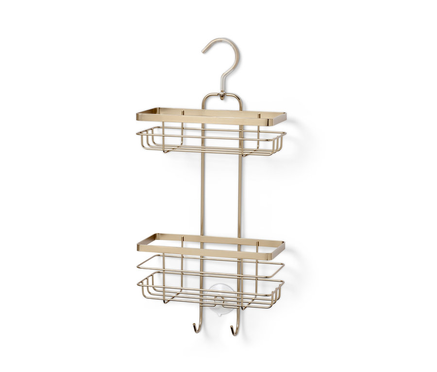 Závesný regál do sprchy s dvoma policami a háčikmi v matnej zlatej farbe.