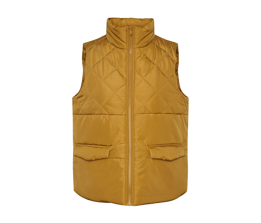 Žltá prešívaná vesta so zipsom vpredu a vreckami.