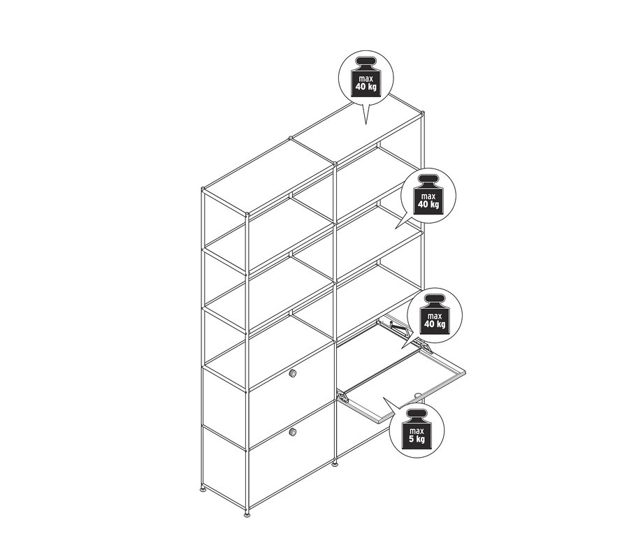 Nákres vysokej kovovej skrinky »CN3« so 4 výklopnými priečinkami. Dve priehradky sú zatvorené, dve sú otvorené.