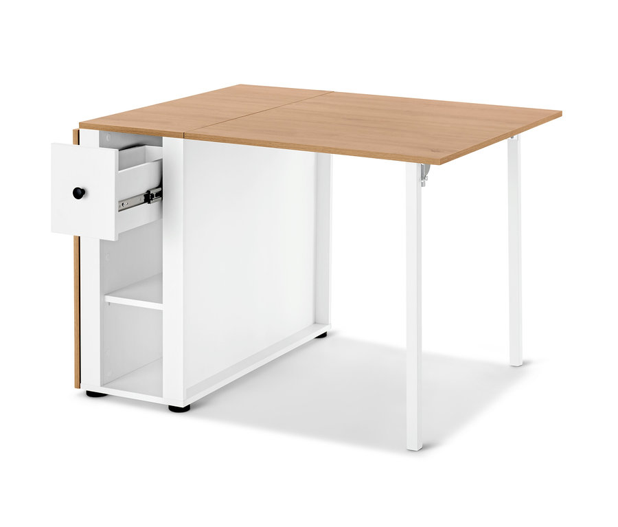 Štvorcový stôl so zásuvkou a úložným priestorom, stolová doska je drevená, zvyšok je biely.