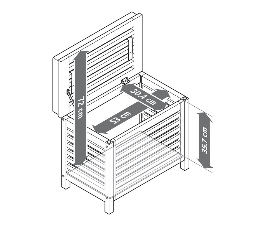 Nákres truhlice z masívneho dreva s vankúšom a rozmermi.