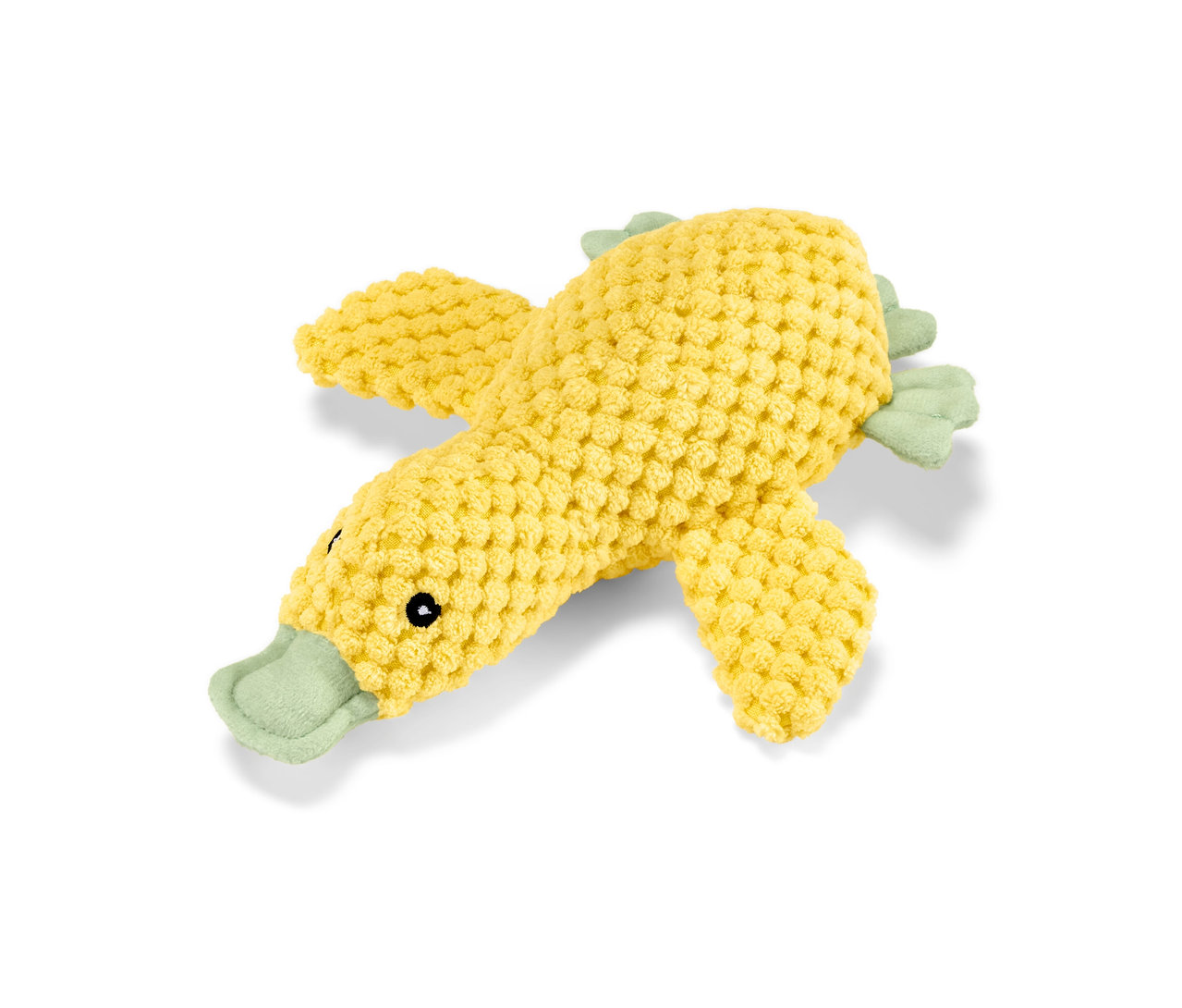 Žltá plyšová hračka pre psy »Kleine Ente« leží na bielom pozadí.