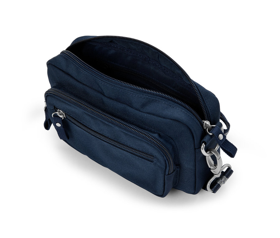 Modrá bezpečnostná taška na rameno a ľadvinka s otvoreným hlavným priestorom.