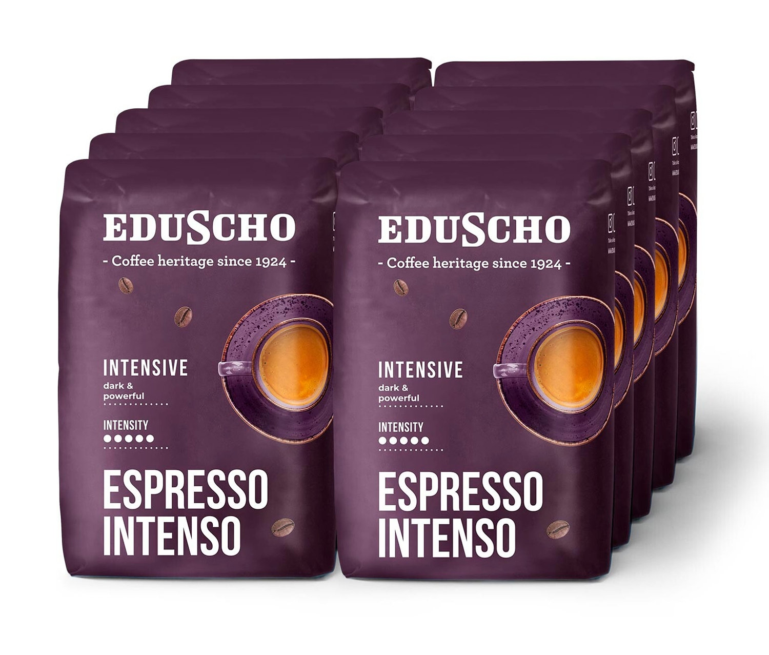 Desať balení zrnkovej kávy Eduscho Espresso Intenso 500 g naskladaných za sebou.