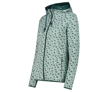 Svetlozelená mikina na zips s kapucňou a tmavozeleným kvetinovým vzorom.