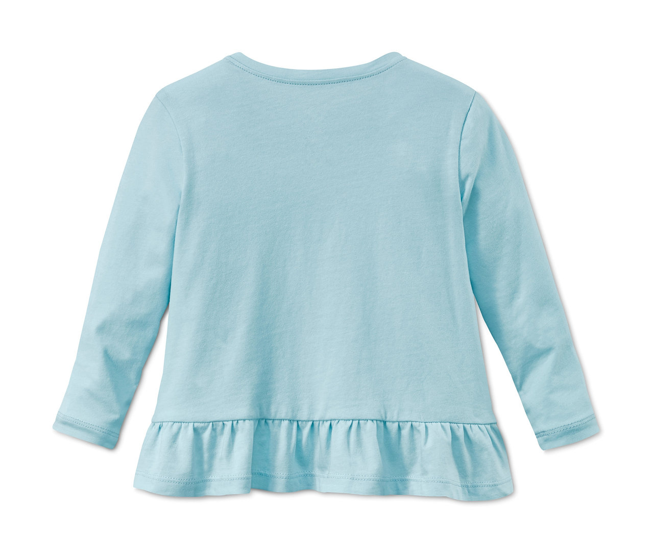 Svetlomodré tričko z biobavlny s dlhým rukávom a volánikom v spodnej časti.