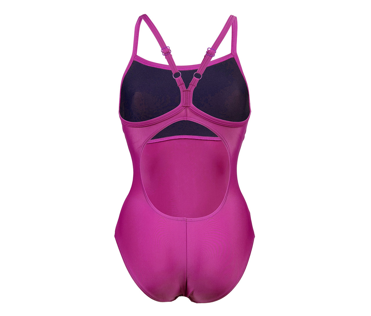Detailný pohľad zozadu na dámske jednodielne plavky arena Feel Solid Lightdrop Back s vystuženými košíčkami v purpurovej farbe.