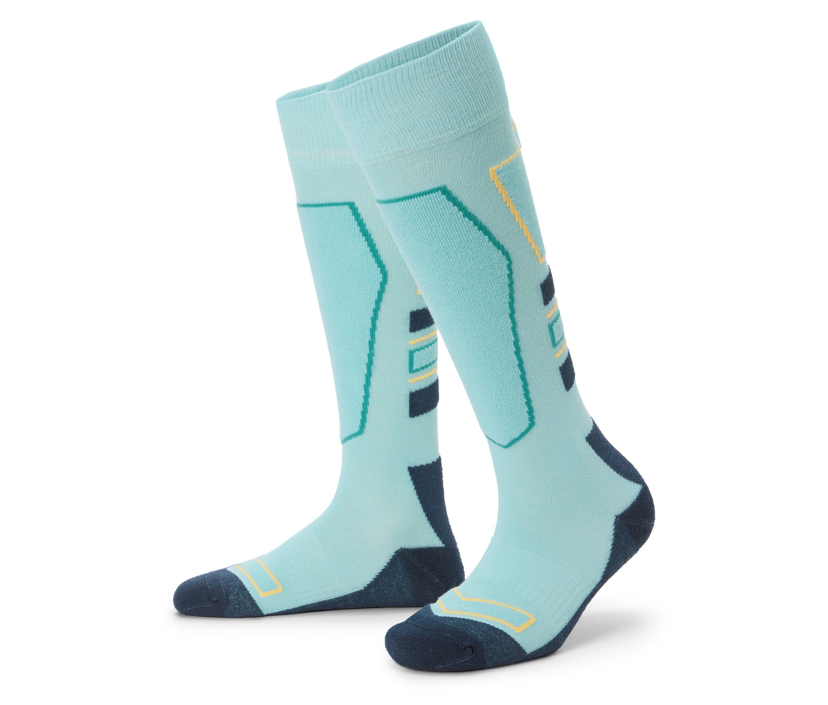 Pár svetlomodrých lyžiarskych podkolienok s farebnými detailmi.