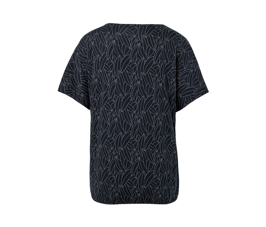 Tmavomodré spadnuté blúzkové tričko s bielym vzorom listov.