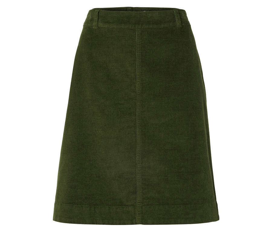 Zelená menčestrová sukňa v tvare A na bielom pozadí.