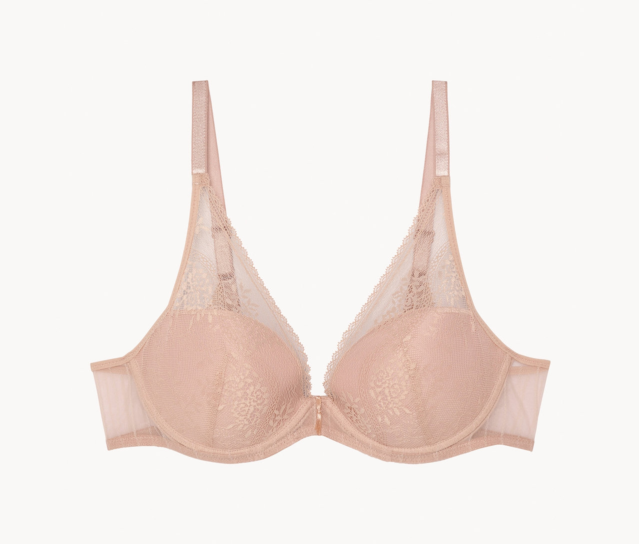 Béžová čipkovaná podprsenka s kosticami a nastaviteľnými ramienkami.