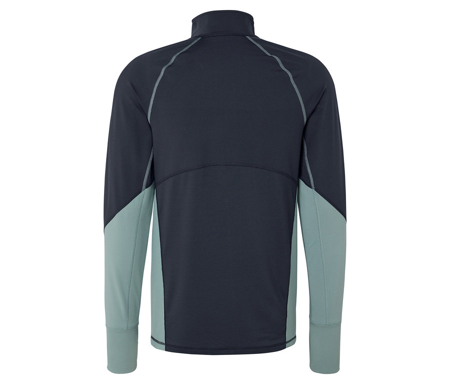 Pohľad zozadu na tmavomodrú bundu s dlhým rukávom a svetlomodrými rukávmi.