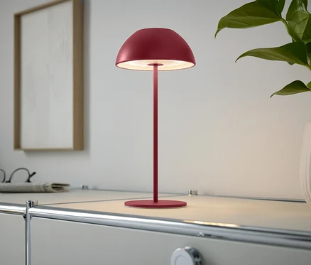 Červená lampa stojí na skrinke vedľa izbovej rastliny.