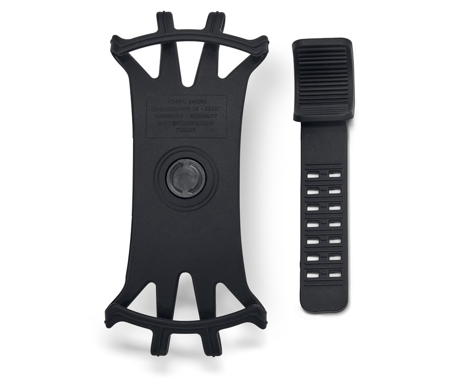 Čierny držiak na telefón a remienok ležia na bielom pozadí.