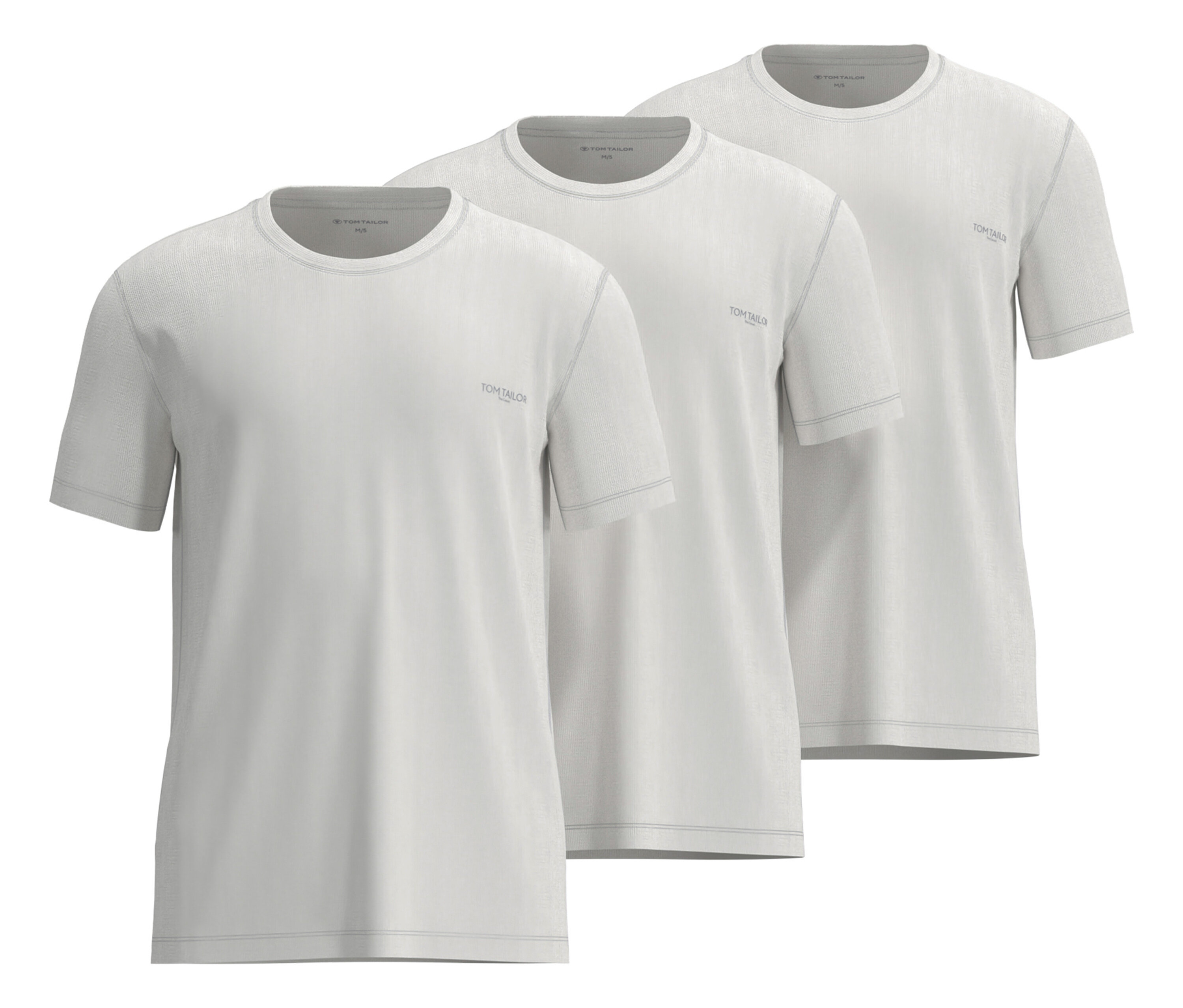 Tri biele Tom Tailor tričká »Ohio«, 3 ks, sú uložené na sebe.