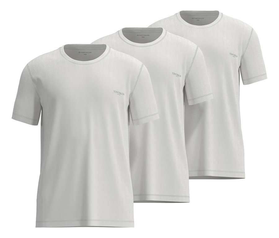 Tri biele Tom Tailor tričká »Ohio«, 3 ks, sú uložené na sebe.