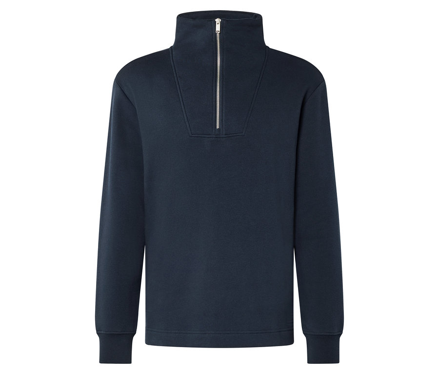 Tmavomodrá mikina so zipsom na golieri.