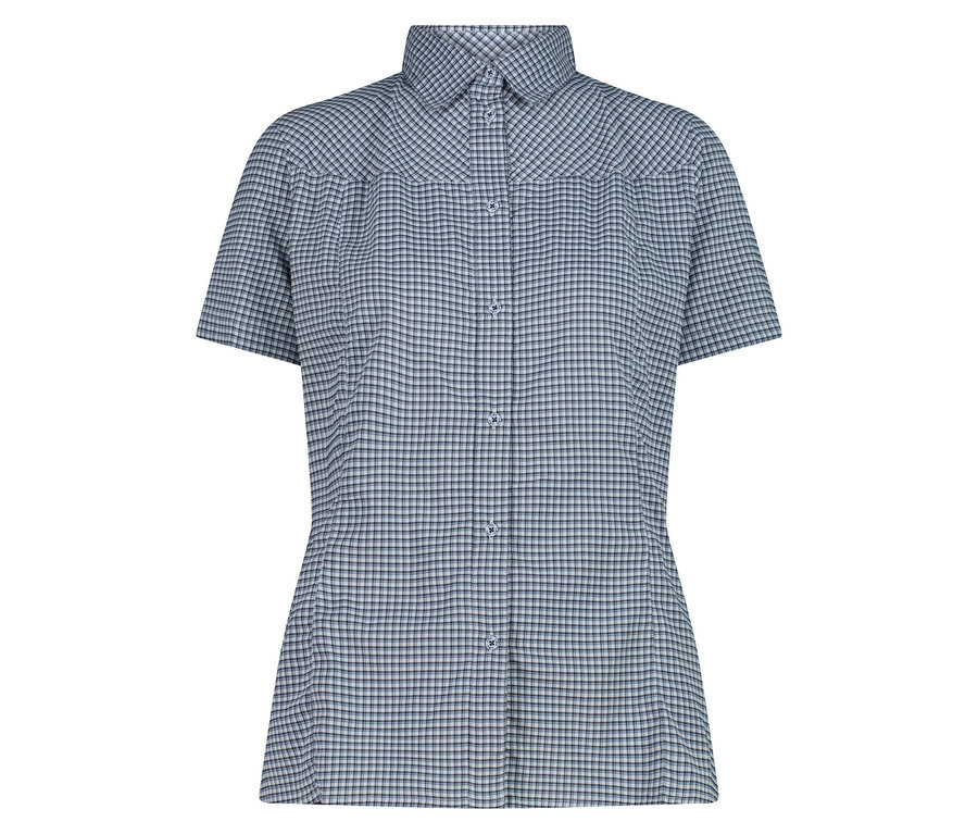 Modro-biela kockovaná košeľa s krátkym rukávom, golierom a gombíkmi.
