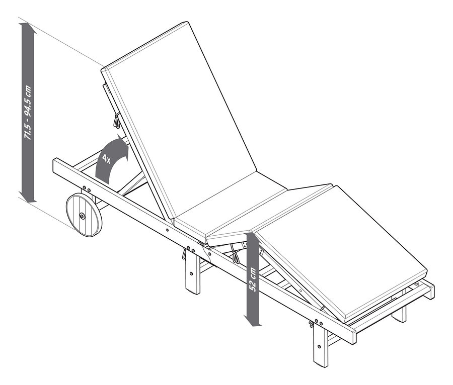 Obrázok klasického záhradného ležadla s nastaviteľným operadlom a kolieskami.