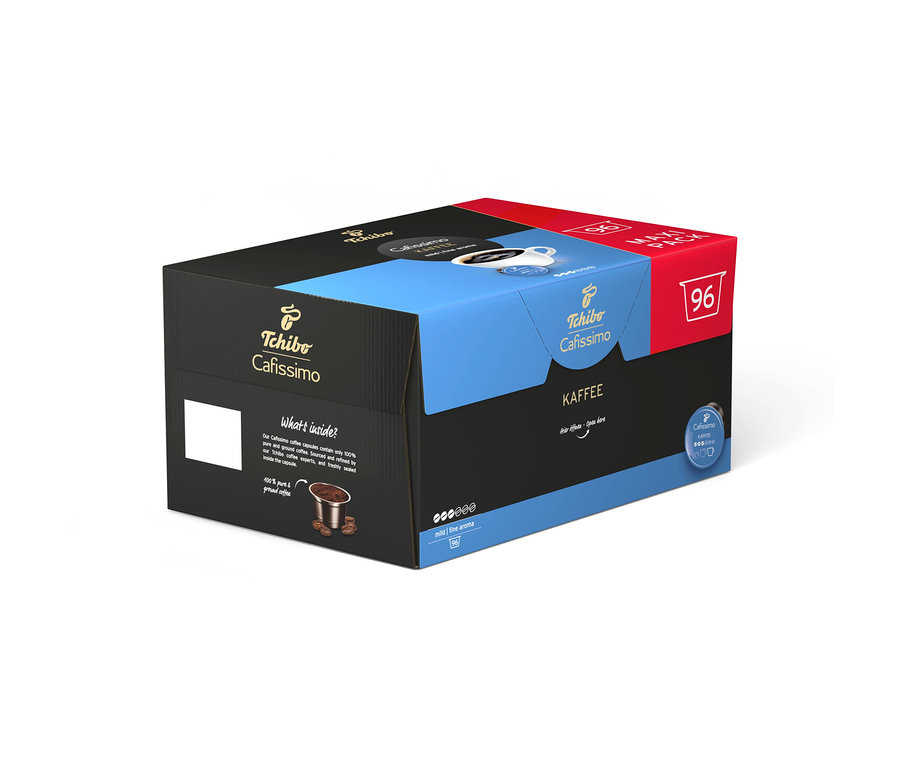 Čierna a modrá krabica Tchibo Cafissimo Maxi Pack s 96 kapsulami Káva jemná, s obrázkom šálky kávy na vrchu.