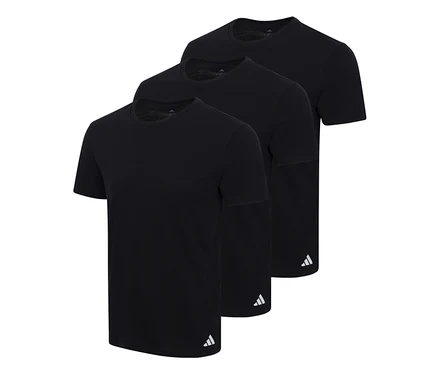 Tri čierne tričká adidas Active Core s krátkym rukávom a okrúhlym výstrihom, diagonálne usporiadané, každé s malým bielym logom adidas na ľavom spodnom leme.