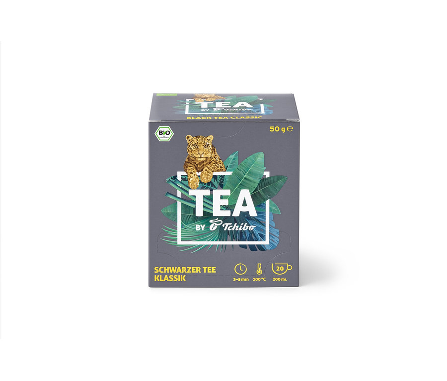 Balenie BIO TEA by Tchibo Klassik 8 x 20 x 2,5 g. Na obale je obrázok leoparda.