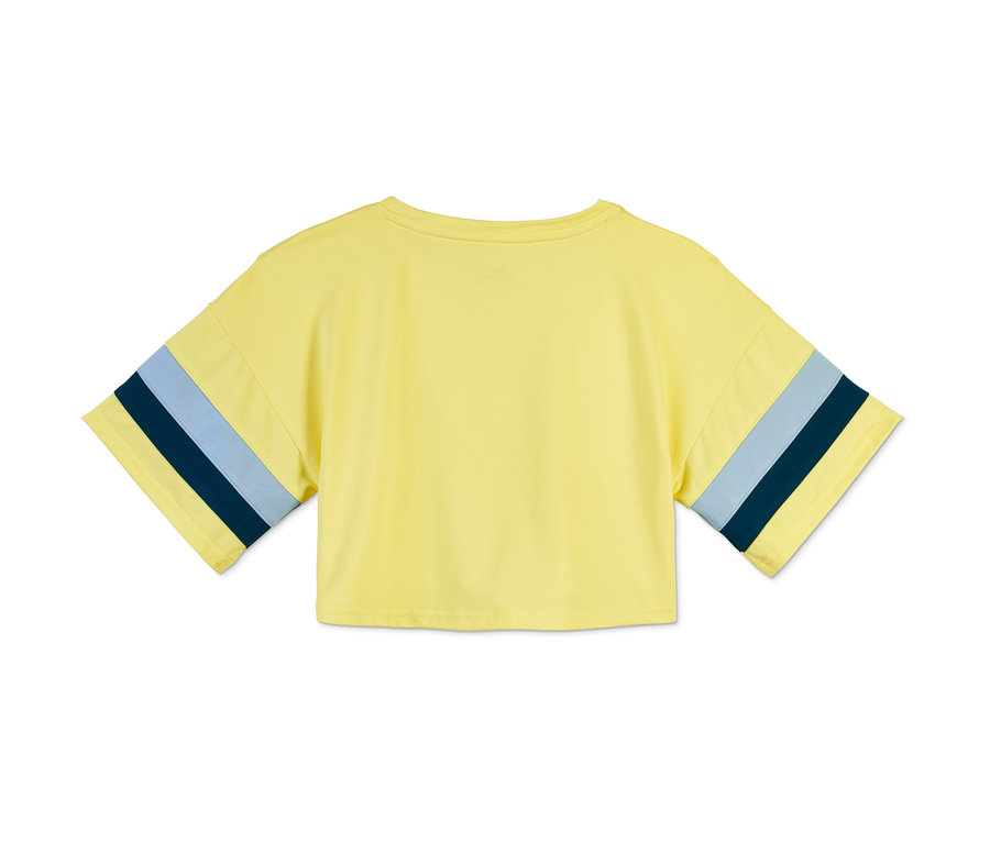 Žlté detské funkčné tričko v skrátenej dĺžke s recyklovaným materiálom, krátkymi rukávmi a modrými pruhmi.