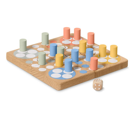 Drevené Človeče, nehnevaj sa – puzzle s farebnými kolíkmi a hracou kockou.