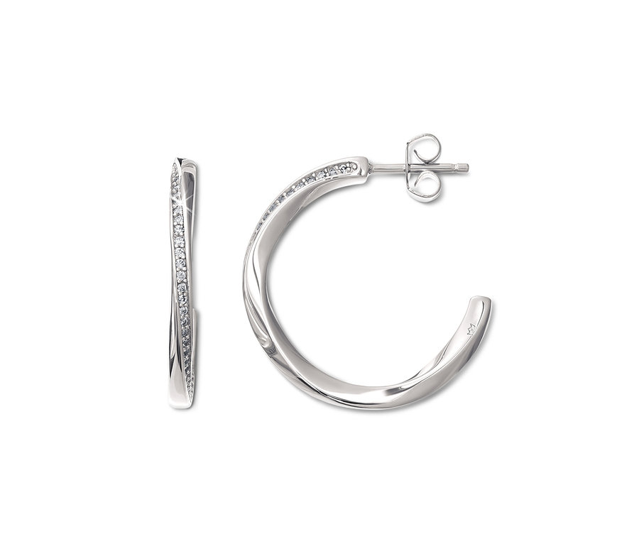 Dve náušnice Circle zo striebra 925 ródiované, so zirkónmi ležia na bielom pozadí.