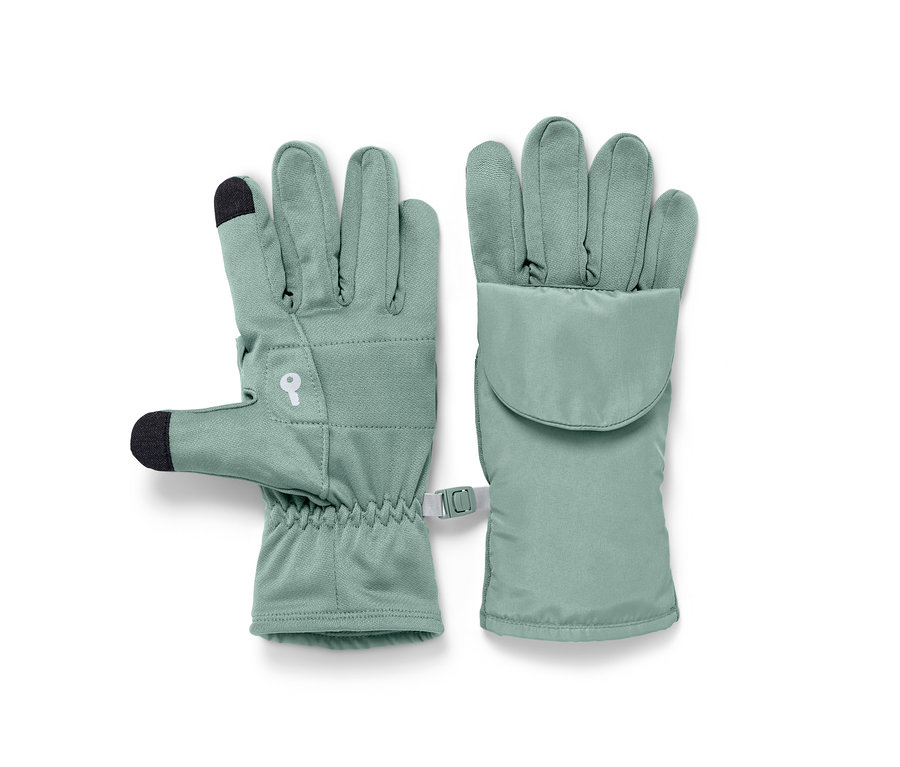 Dve svetlozelené odklápacie bežecké rukavice ležia vedľa seba.