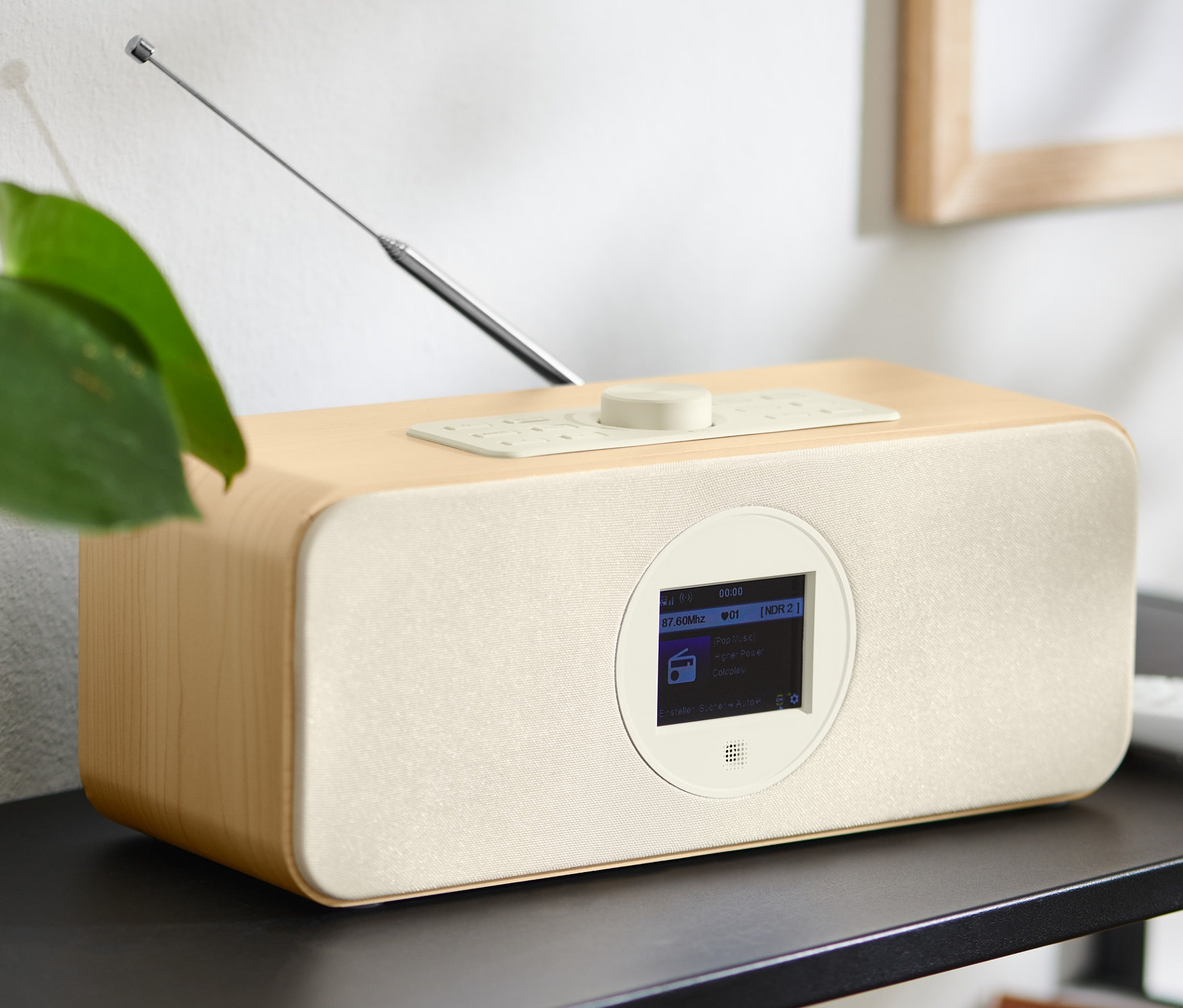 Svetlohnedé WiFi internetové rádio s farebným displejom stojí na čiernej poličke vedľa rastliny v kvetináči.