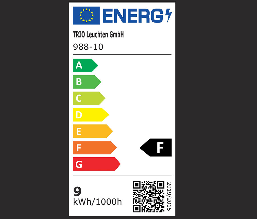 Energetický štítok spotrebiča s triedou F, spotrebou 9 kWh/1000h a QR kódom.
