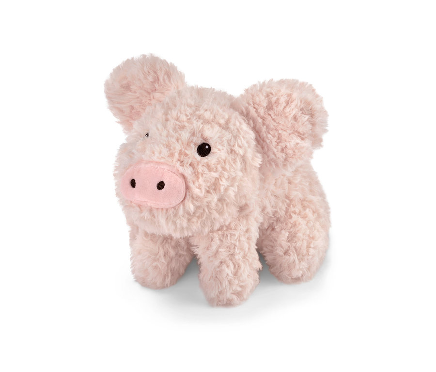 Plyšové zvieratko – prasiatko stojí na bielom pozadí.