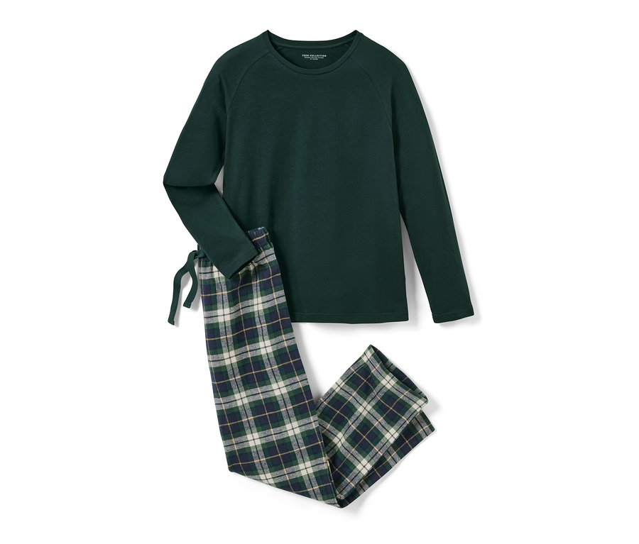 Detské flanelové pyžamo: zelený vrch a kárované nohavice.