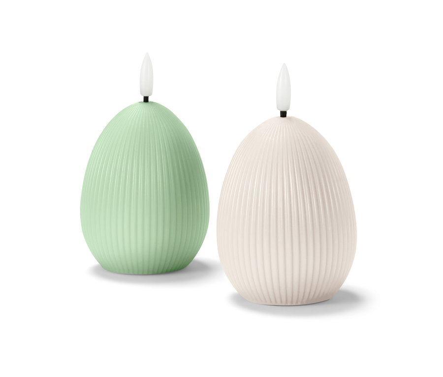 Dve LED sviečky z pravého vosku v tvare vajca.