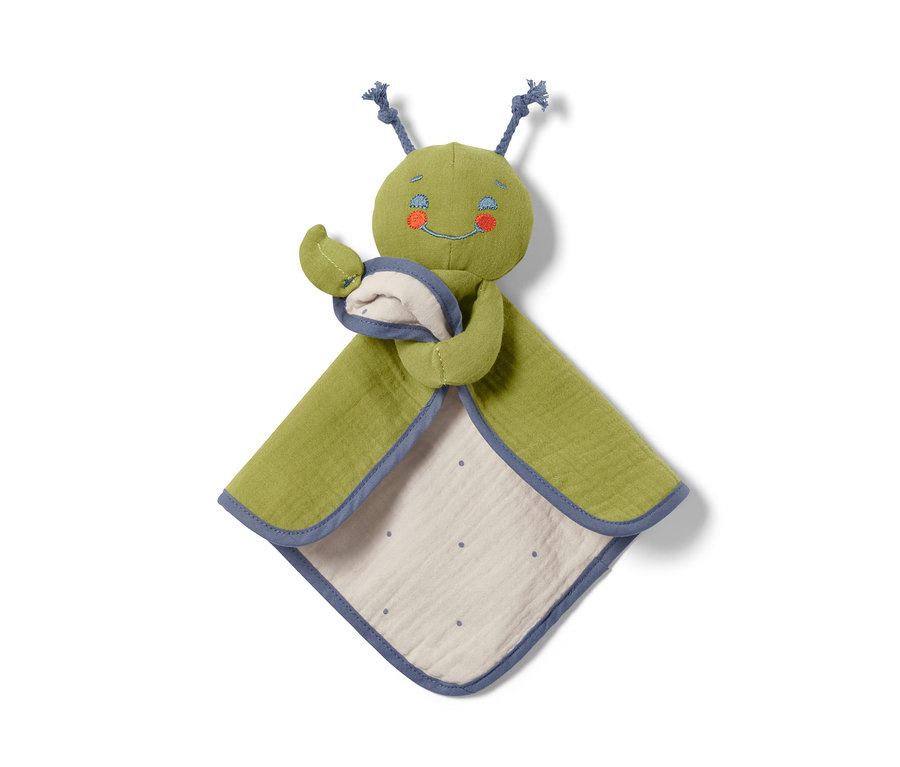 Zelená hračka pre najmenších – maznáčik s modrými detailmi.