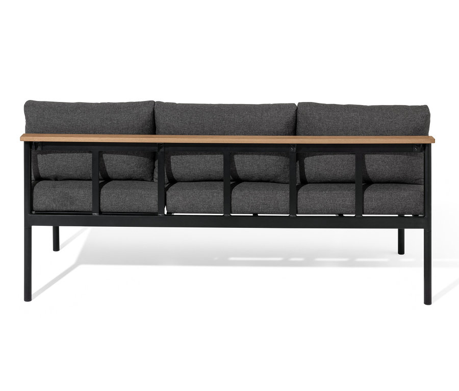 Čelný pohľad na jedálenské lavicové ležadlo 2 v 1 »Elin« so šiestimi sivými podsedákmi a operadlami a svetlým dreveným rámom.