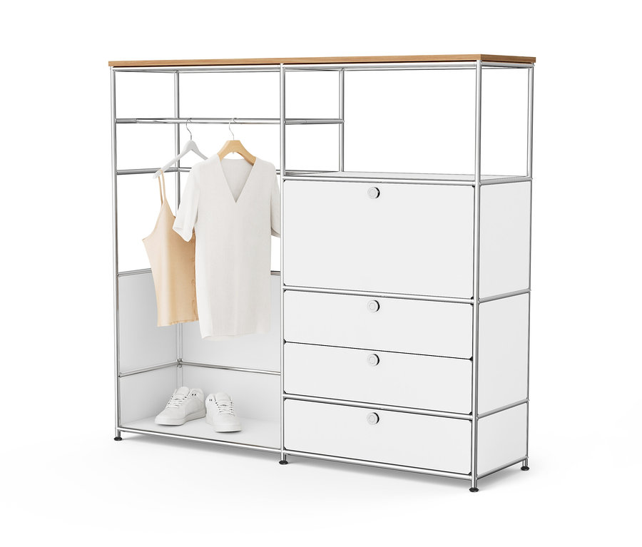 Biela kovová komoda »CN3« s drevenou doskou, tyčou na oblečenie, priehradkou a 3 zásuvkami.