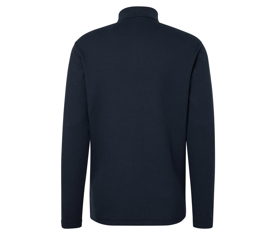 Tmavomodrý sveter s dlhým rukávom a textúrou.